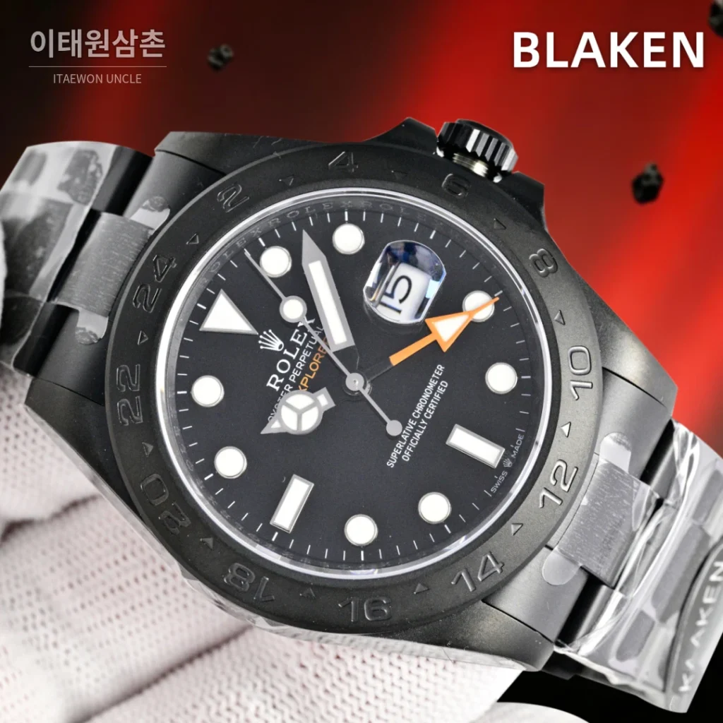롤렉스 익스플로러2 블라켄 DLC 블랙 GMT 오토매틱 42mm 블랙 다이얼