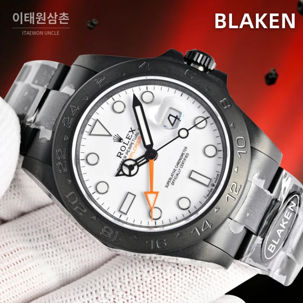 롤렉스 익스플로러2 블라켄 DLC 블랙 GMT 오토매틱 42mm 화이트 다이얼