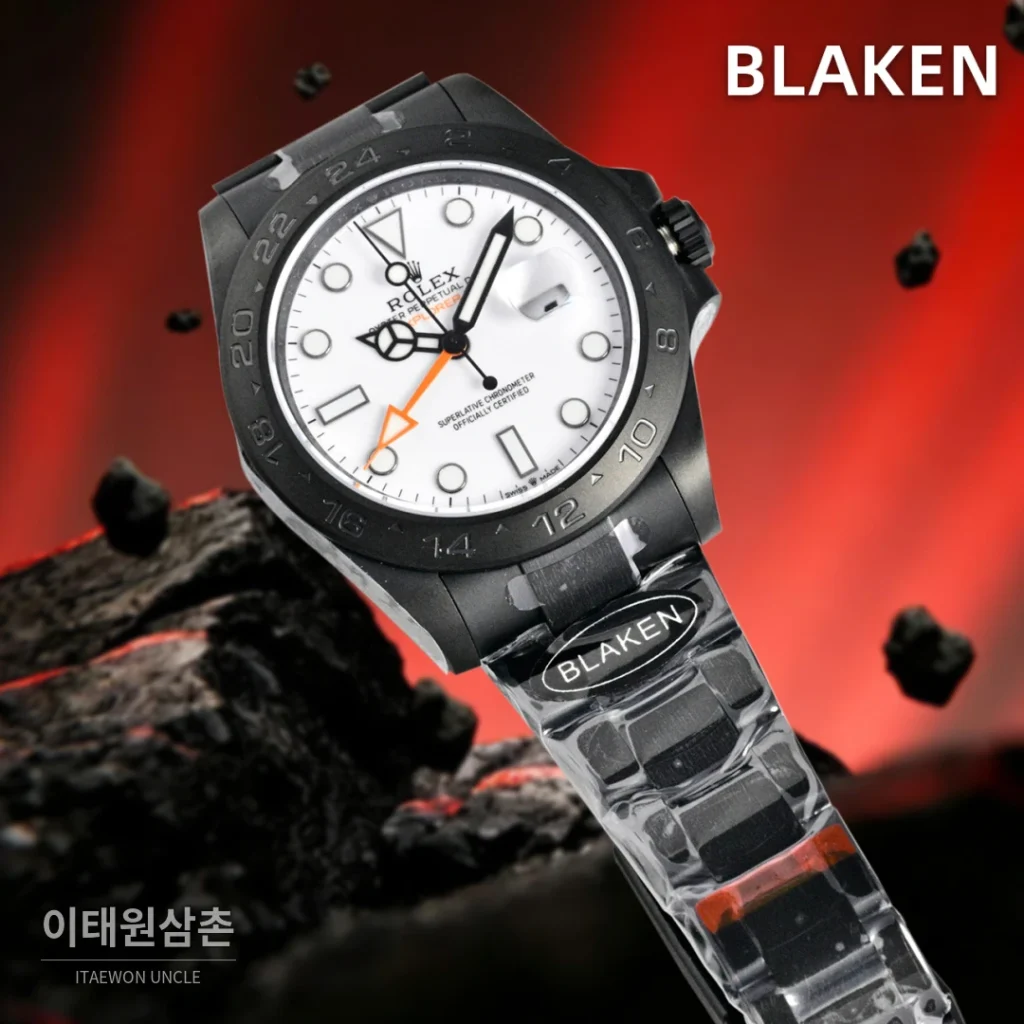롤렉스 익스플로러2 블라켄 DLC 블랙 GMT 오토매틱 42mm 화이트 다이얼