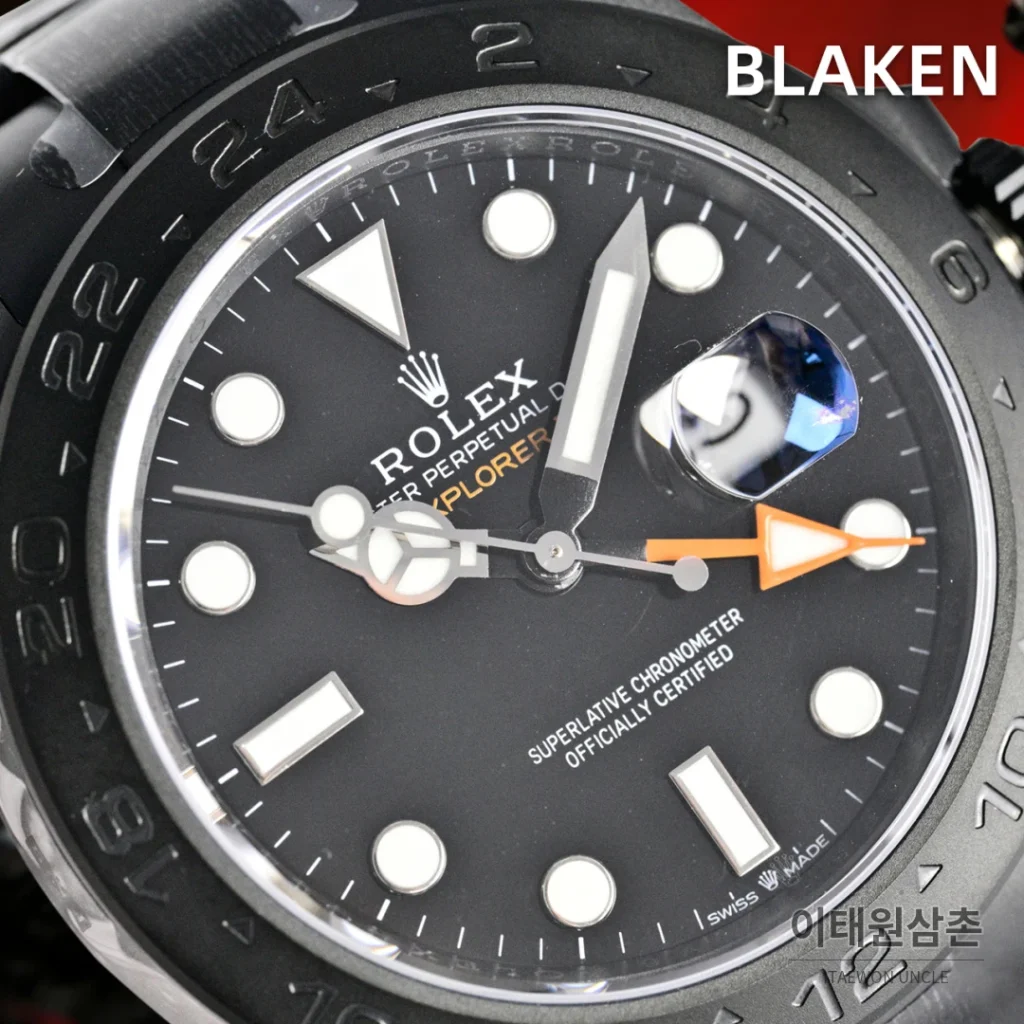 롤렉스 익스플로러2 블라켄 DLC 블랙 GMT 오토매틱 42mm 블랙 다이얼