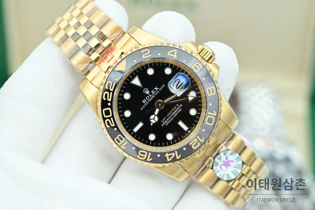 롤렉스 GMT마스터 II 오토매틱 40mm 블랙 다이얼 골드 브레이슬릿 그레이 베젤
