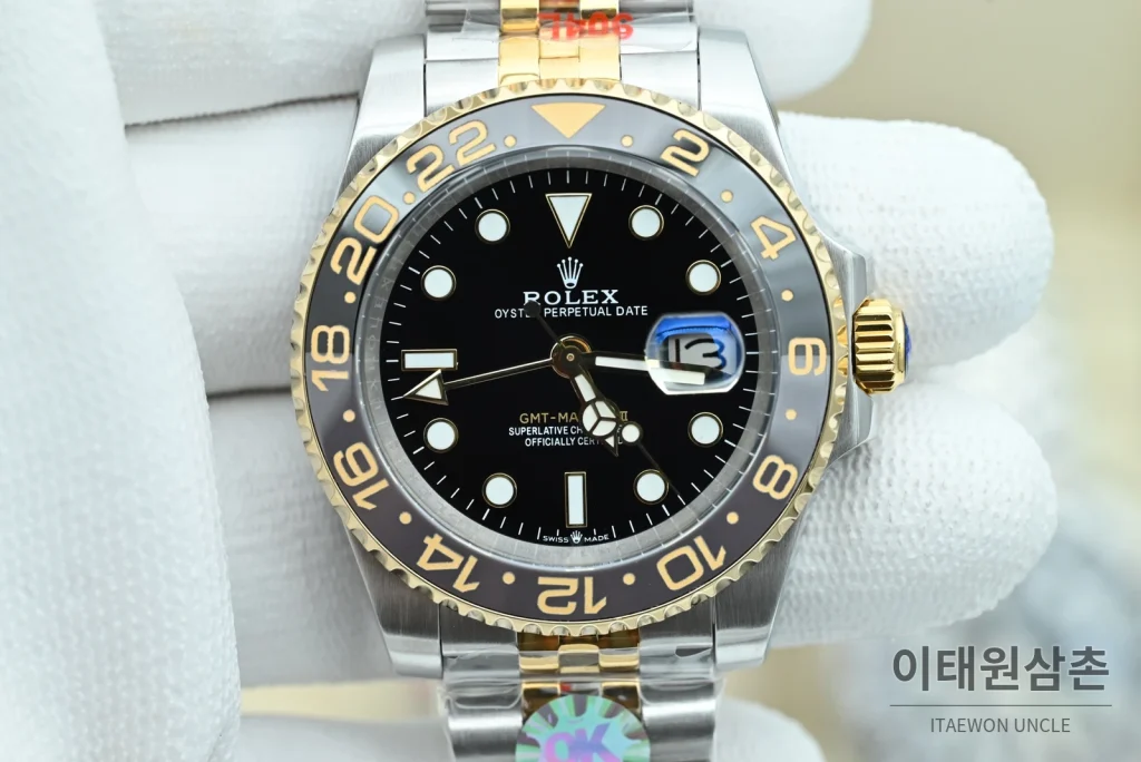 롤렉스 GMT마스터 II 오토매틱 40mm 블랙 다이얼 투톤 브레이슬릿 그레이 베젤