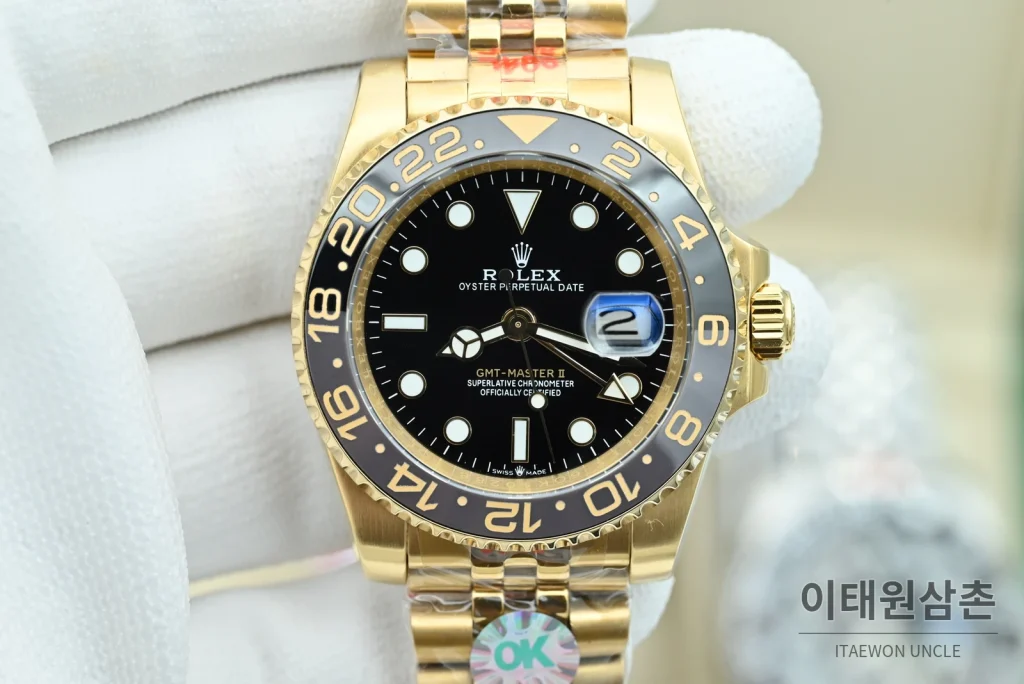 롤렉스 GMT마스터 II 오토매틱 40mm 블랙 다이얼 골드 브레이슬릿 그레이 베젤