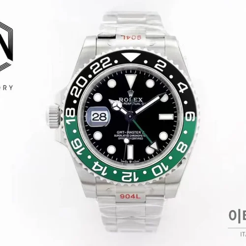 롤렉스 GMT 마스터 II 레프트핸드 스프라이트 그린 블랙 베젤 오토매틱 40mm 블랙 / 그린