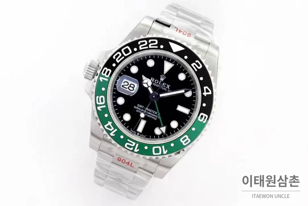 롤렉스 GMT 마스터 II 레프트핸드 스프라이트 그린 블랙 베젤 오토매틱 40mm 블랙 / 그린