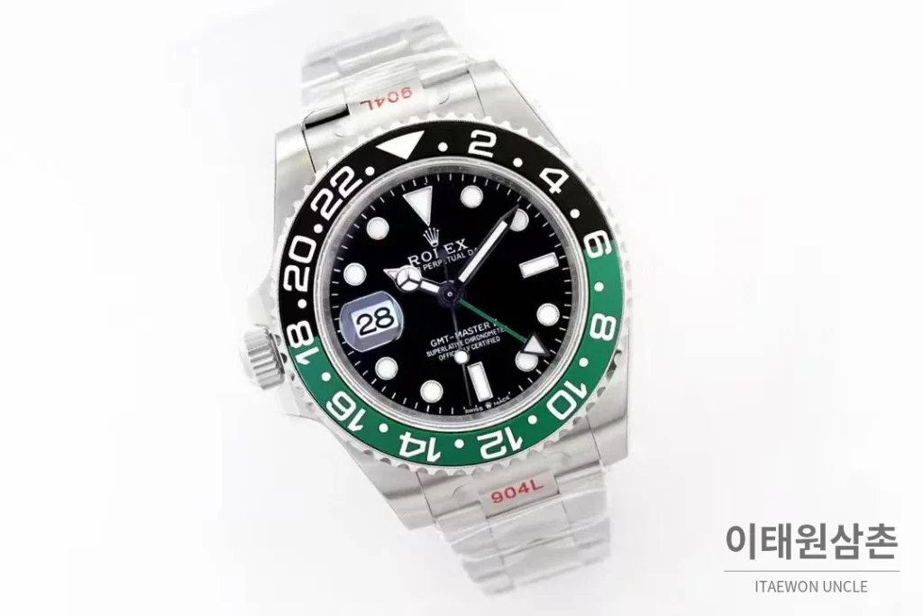 롤렉스 GMT 마스터 II 레프트핸드 스프라이트 그린 블랙 베젤 오토매틱 40mm 블랙 / 그린
