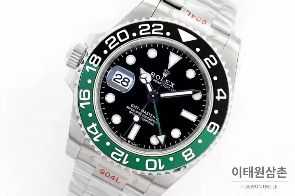 롤렉스 GMT 마스터 II 레프트핸드 스프라이트 그린 블랙 베젤 오토매틱 40mm 블랙 / 그린