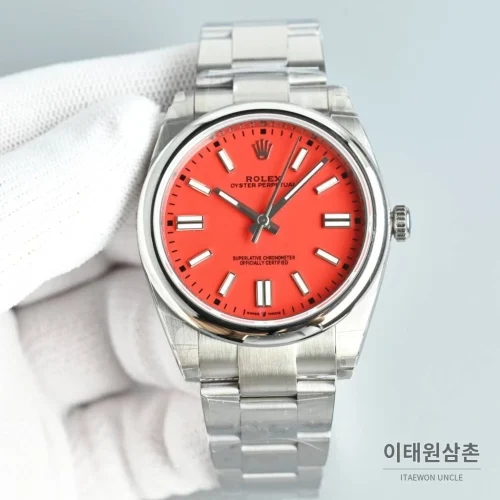 롤렉스 오이스터 퍼페추얼 스틸 야광인덱스 오토매틱 시계 41mm 스테인리스 스틸 레드 다이얼