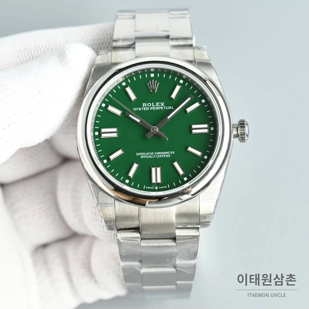 롤렉스 오이스터 퍼페추얼 스틸 야광인덱스 오토매틱 시계 41mm 스테인리스 스틸 그린 다이얼