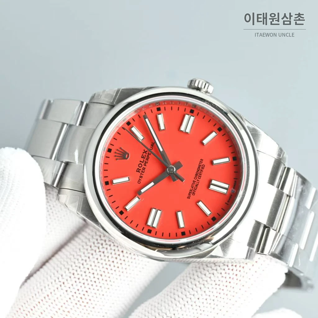 롤렉스 오이스터 퍼페추얼 스틸 야광인덱스 오토매틱 시계 41mm 스테인리스 스틸 레드 다이얼