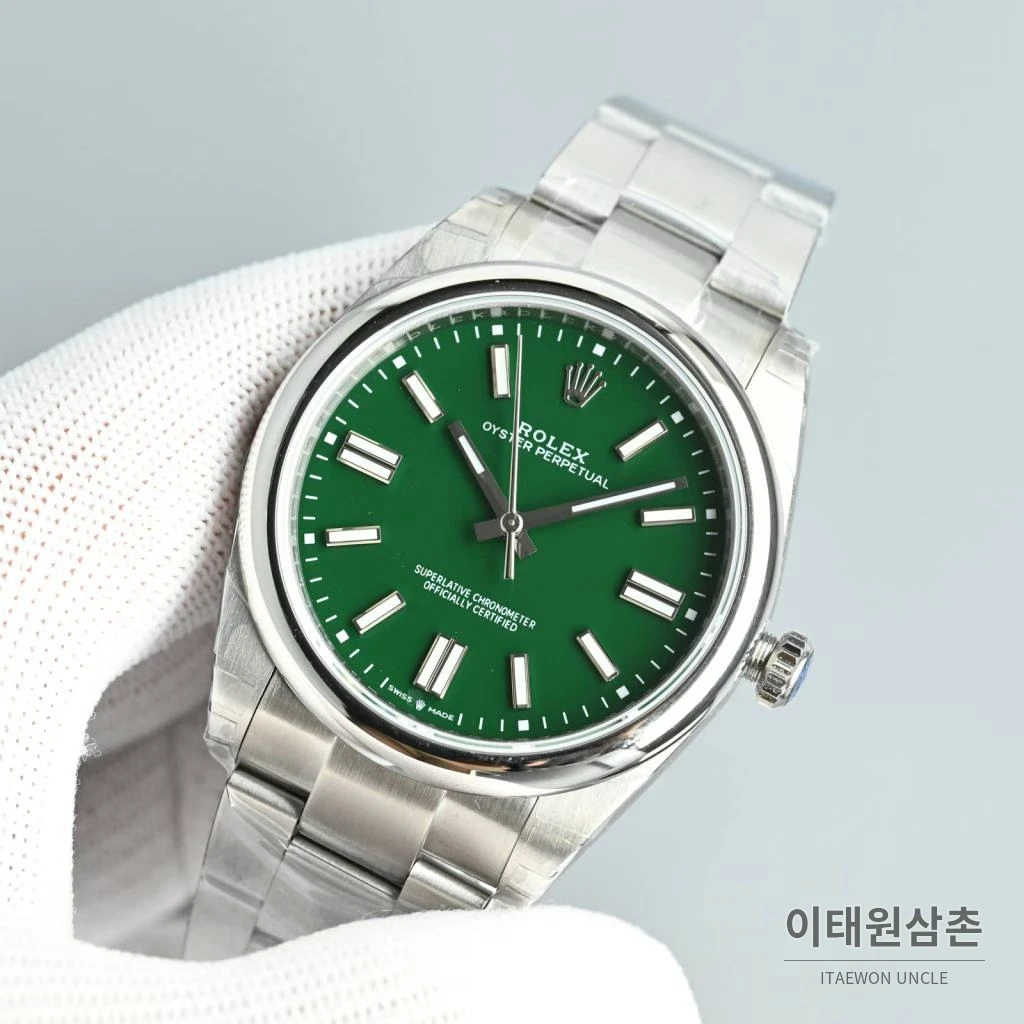 롤렉스 오이스터 퍼페추얼 스틸 야광인덱스 오토매틱 시계 41mm 스테인리스 스틸 그린 다이얼