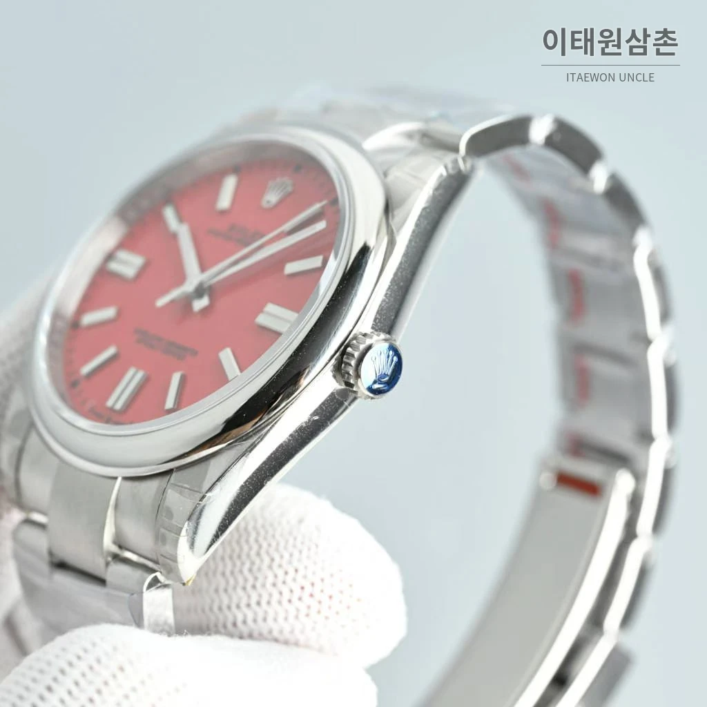 롤렉스 오이스터 퍼페추얼 스틸 야광인덱스 오토매틱 시계 41mm 스테인리스 스틸 레드 다이얼