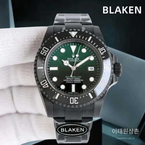 롤렉스 씨드웰러 딥씨 블라켄 PVD 블랙 다이버 오토매틱 44mm 그린 다이얼 블랙 러버 스트랩 롤렉스 씨드웰러 딥씨 블라켄 PVD 블랙 다이버 오토매틱 44mm 그린 다이얼 블랙 러버 스트랩