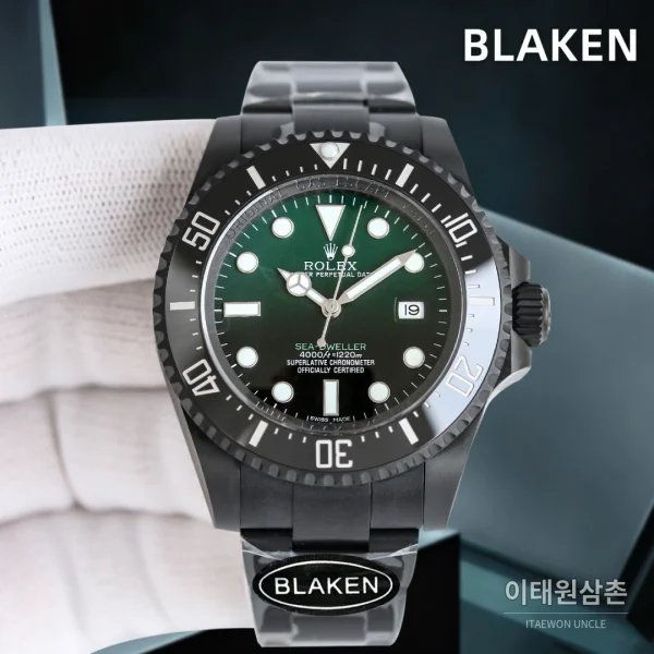 롤렉스 씨드웰러 딥씨 블라켄 PVD 블랙 다이버 오토매틱 44mm 그린 다이얼 블랙 러버 스트랩