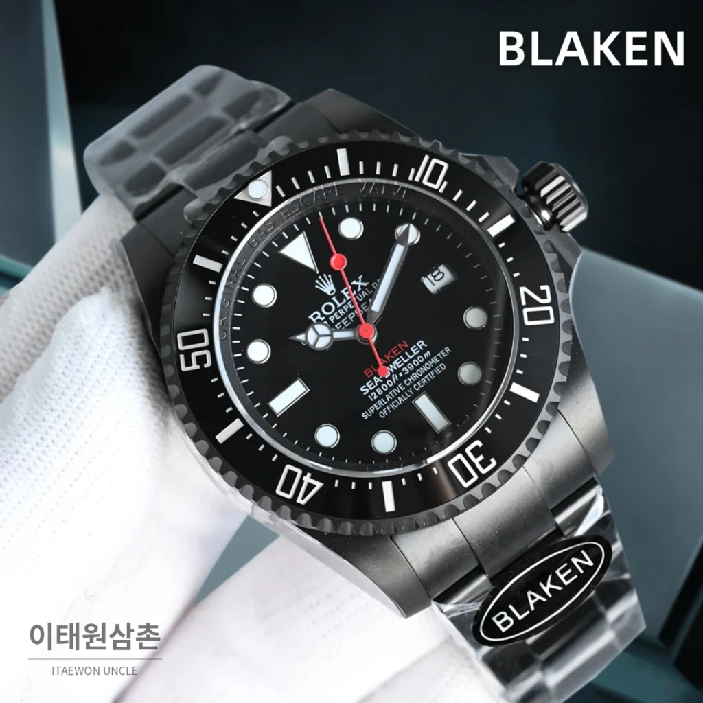 롤렉스 씨드웰러 딥씨 블라켄 PVD 블랙 다이버 오토매틱 44mm 블랙 다이얼 그레이 러버 스트랩