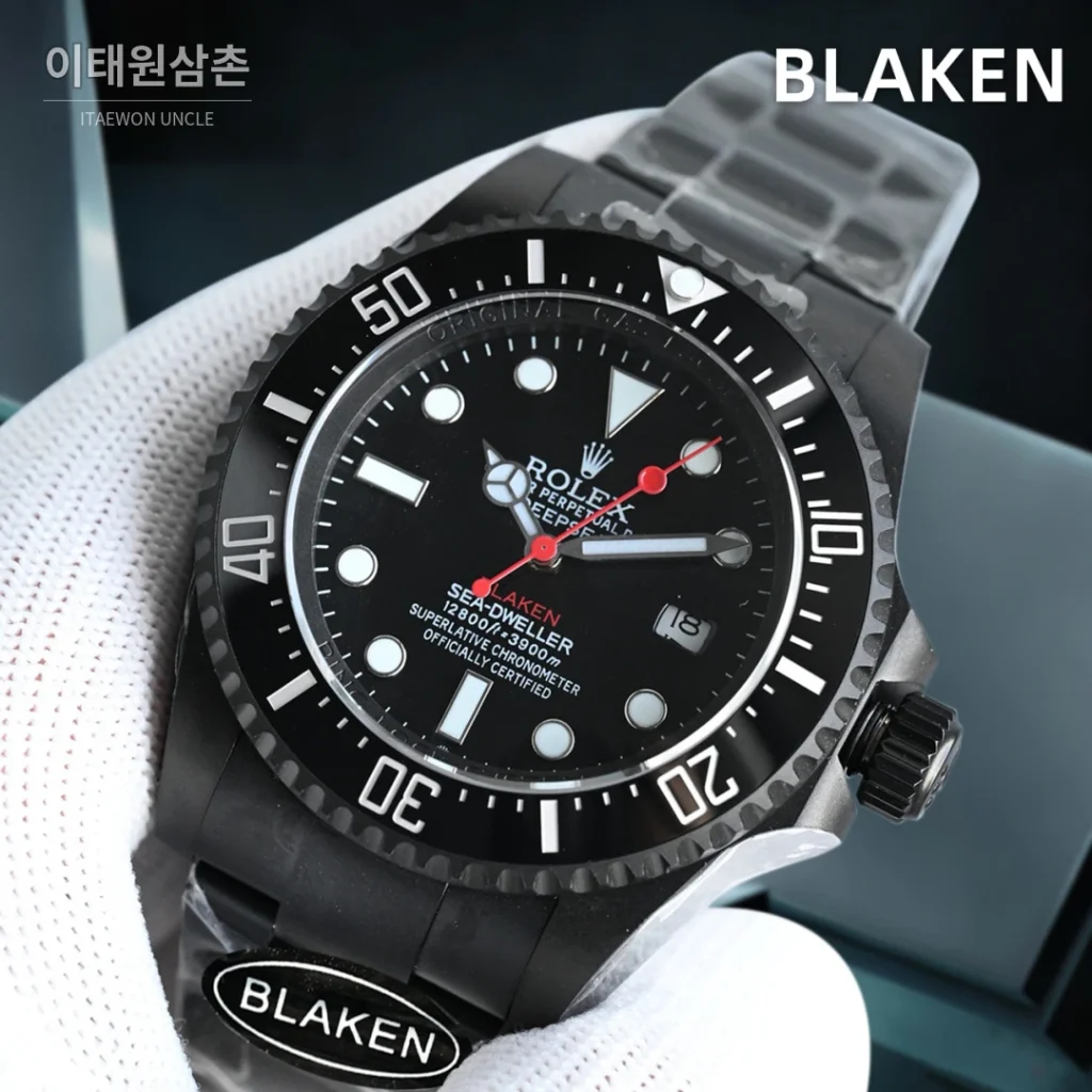 롤렉스 씨드웰러 딥씨 블라켄 PVD 블랙 다이버 오토매틱 44mm 블랙 다이얼 그레이 러버 스트랩