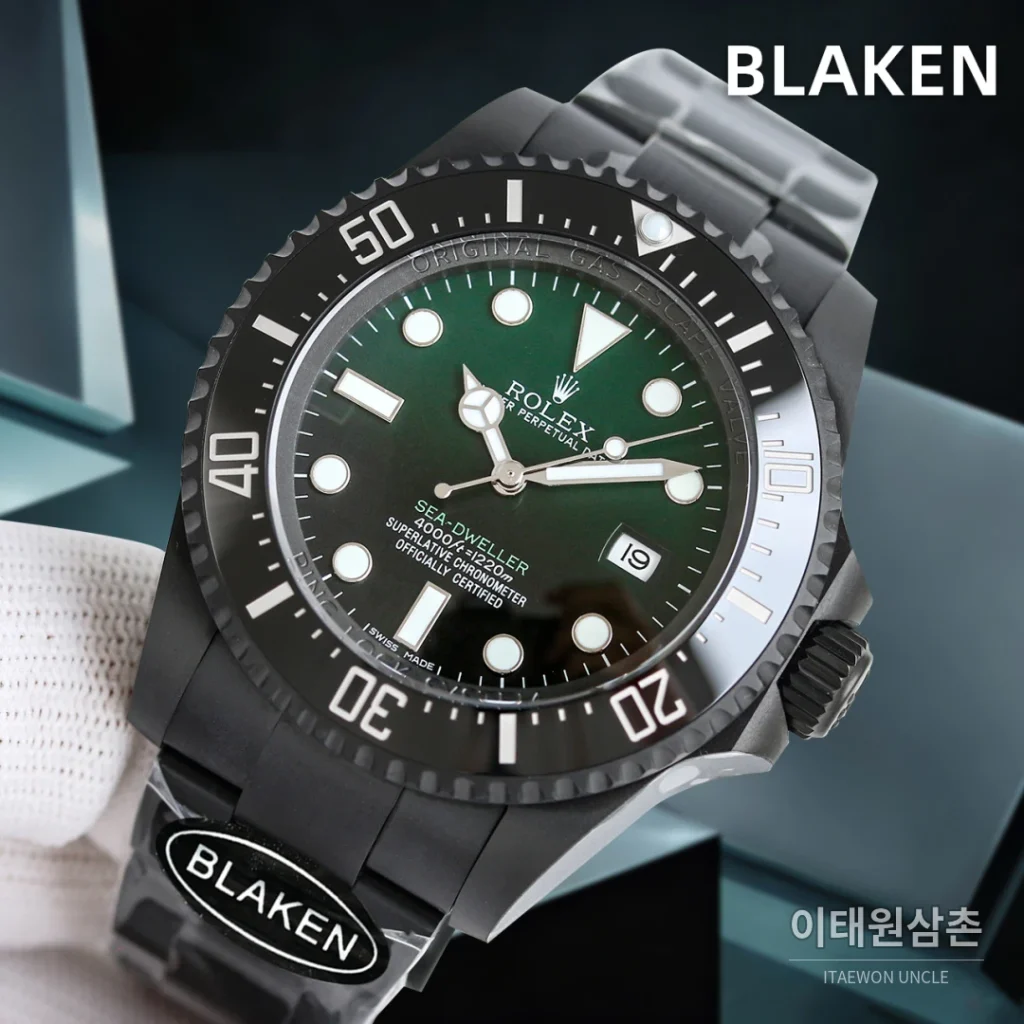 롤렉스 씨드웰러 딥씨 블라켄 PVD 블랙 다이버 오토매틱 44mm 그린 다이얼 블랙 러버 스트랩