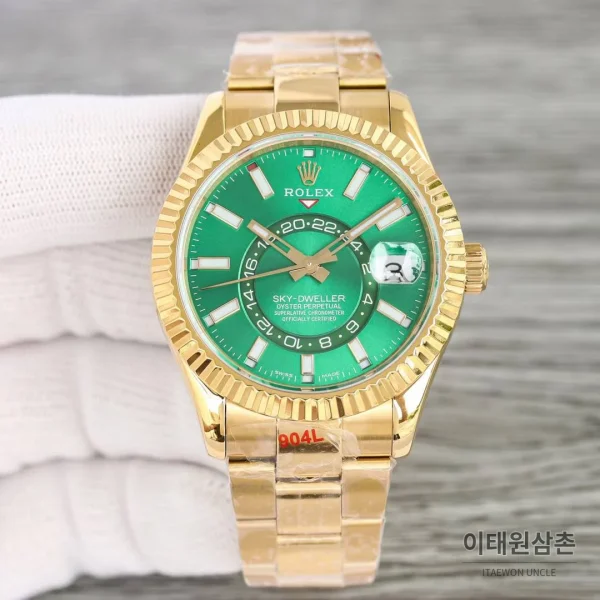 롤렉스 스카이드웰러 904L스틸 블루다이얼 애뉴얼캘린더 듀얼타임 오토매틱 42mm 골드 브레이슬릿