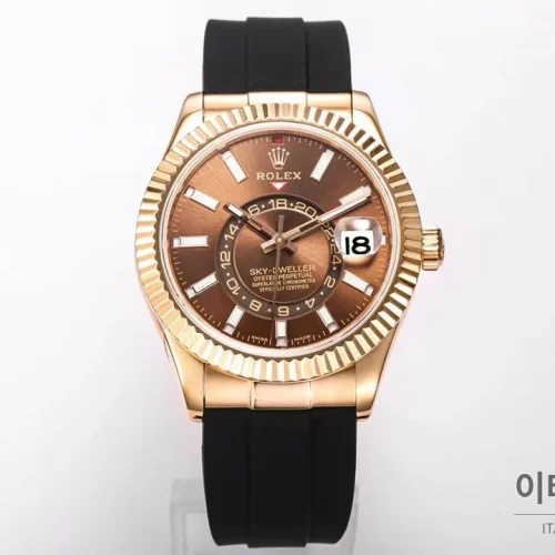 롤렉스 스카이드웰러 애뉴얼 캘린더 GMT 오토매틱 42mm 브라운 다이얼 블랙 러버 스트랩