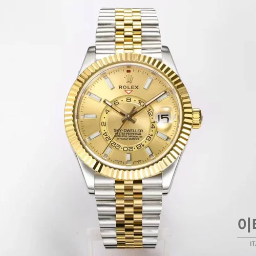 롤렉스 스카이드웰러 애뉴얼 캘린더 GMT 오토매틱 42mm 샴페인 다이얼 투톤 브레이슬릿