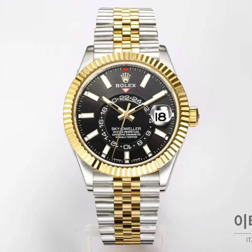 롤렉스 스카이드웰러 애뉴얼 캘린더 GMT 오토매틱 42mm 블랙 다이얼 투톤 브레이슬릿