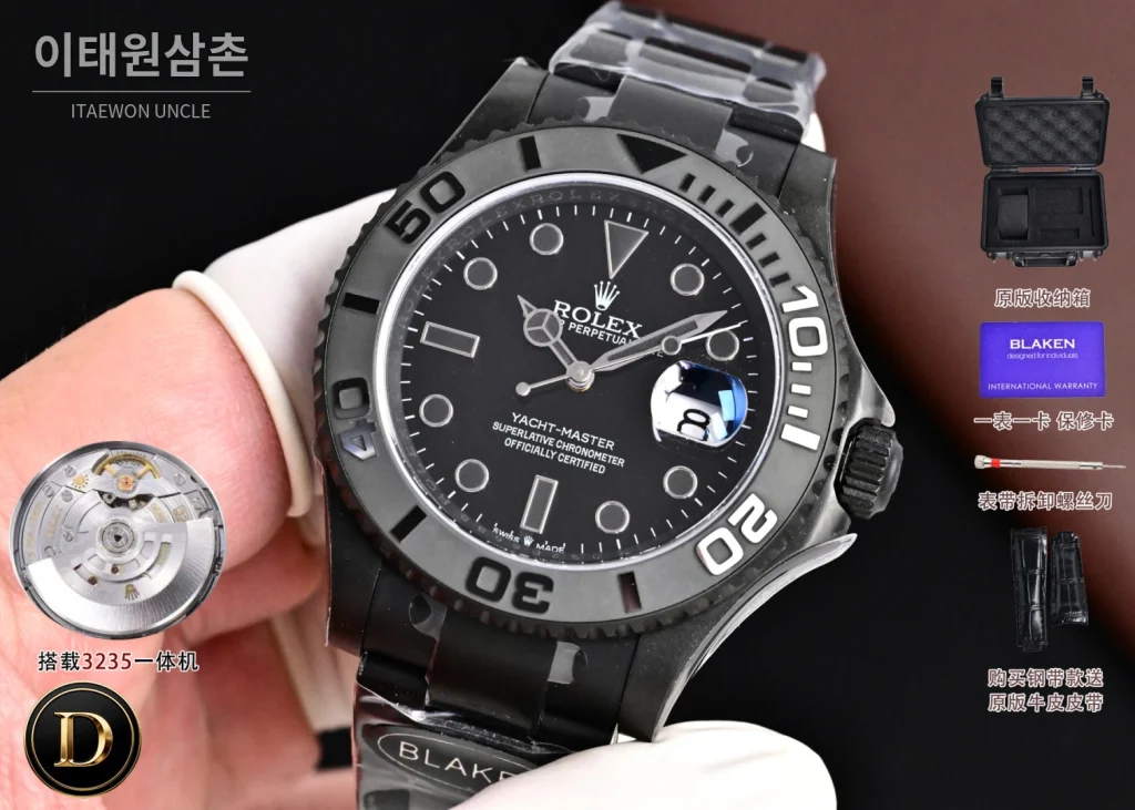 롤렉스 요트마스터 블라켄 아이스블루 야광 오토매틱 40mm 블랙 블랙 러버 스트랩 블랙 베젤
