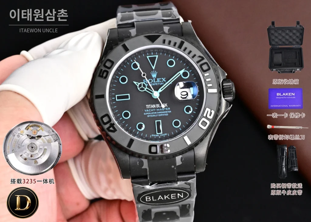 롤렉스 요트마스터 블라켄 아이스블루 야광 오토매틱 40mm 블랙 블랙 러버 스트랩 블랙 베젤 세라믹 케이스