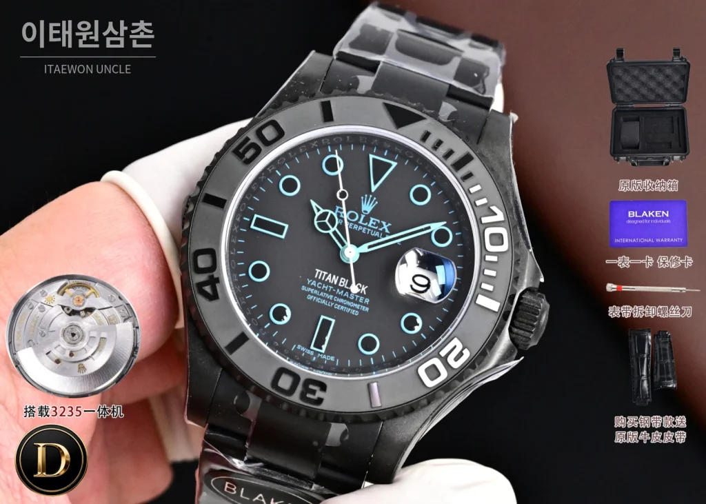 롤렉스 요트마스터 블라켄 아이스블루 야광 오토매틱 40mm 블랙 블랙 러버 스트랩 블랙 베젤 세라믹 케이스
