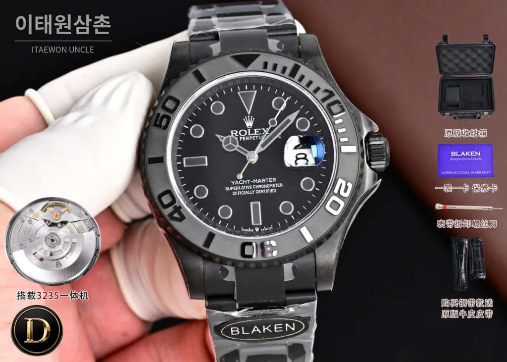 롤렉스 요트마스터 블라켄 아이스블루 야광 오토매틱 40mm 블랙 블랙 러버 스트랩 블랙 베젤