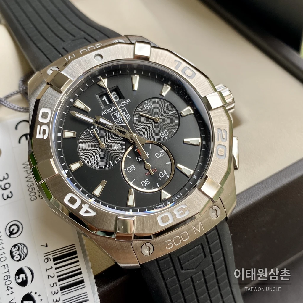 태그호이어 아쿠아레이서 러버밴드 블랙다이얼 쿼츠 크로노그래프 43mm
