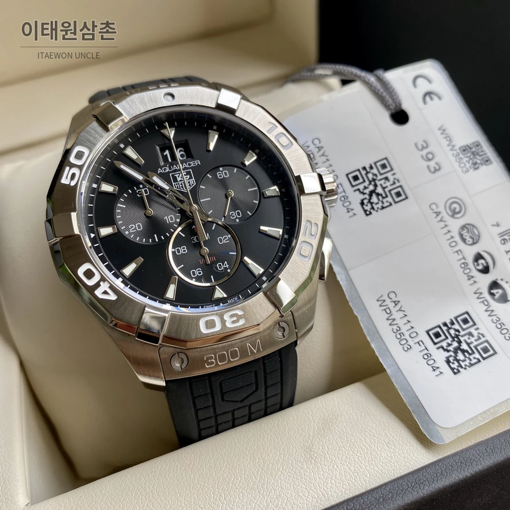 태그호이어 아쿠아레이서 러버밴드 블랙다이얼 쿼츠 크로노그래프 43mm