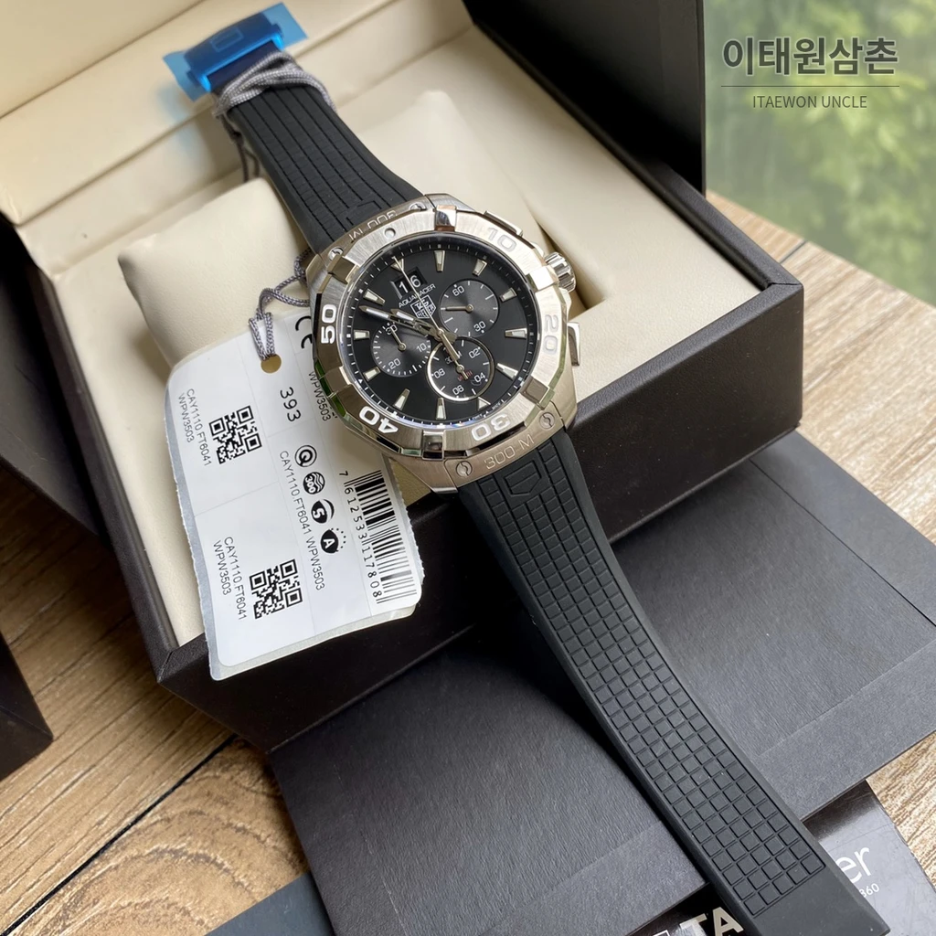 태그호이어 아쿠아레이서 러버밴드 블랙다이얼 쿼츠 크로노그래프 43mm