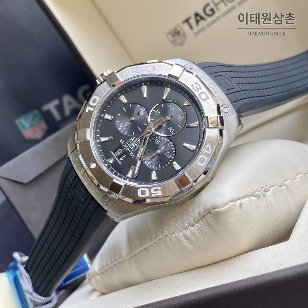 태그호이어 아쿠아레이서 러버밴드 블랙다이얼 쿼츠 크로노그래프 43mm