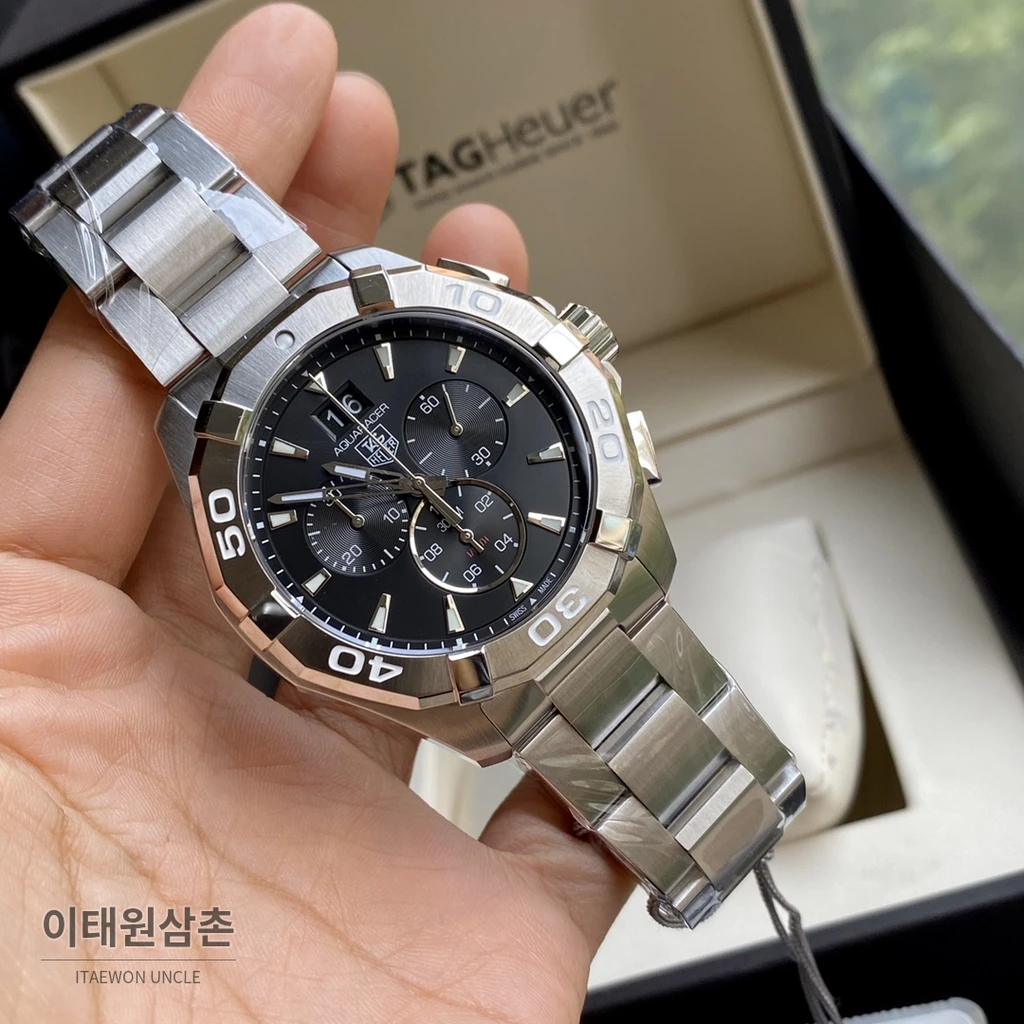 태그호이어 아쿠아레이서 스틸 블랙다이얼 쿼츠 크로노그래프 43mm