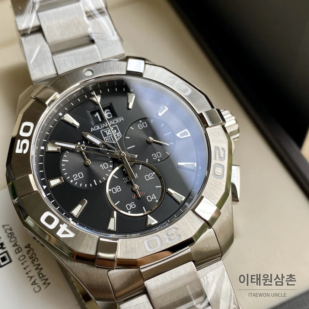 태그호이어 아쿠아레이서 스틸 블랙다이얼 쿼츠 크로노그래프 43mm