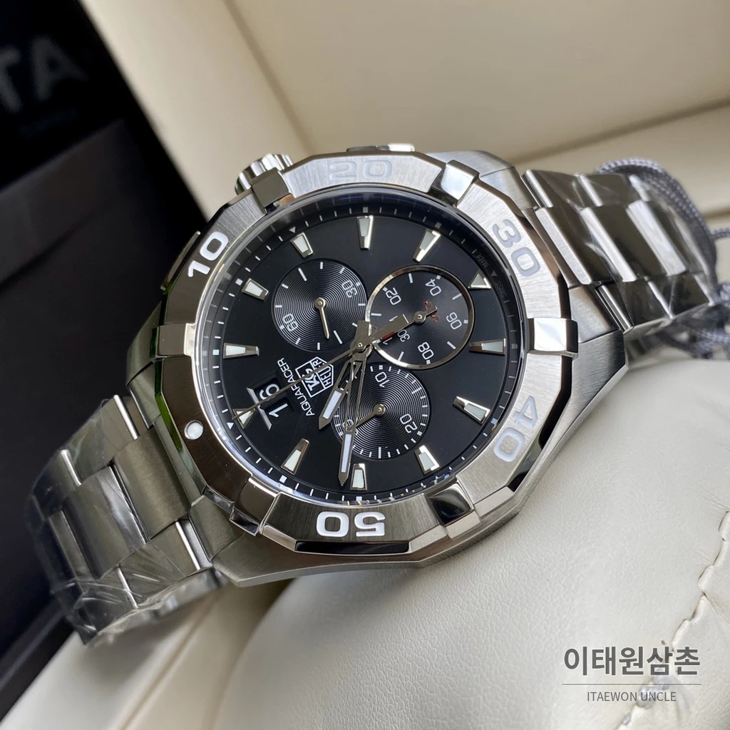 태그호이어 아쿠아레이서 스틸 블랙다이얼 쿼츠 크로노그래프 43mm