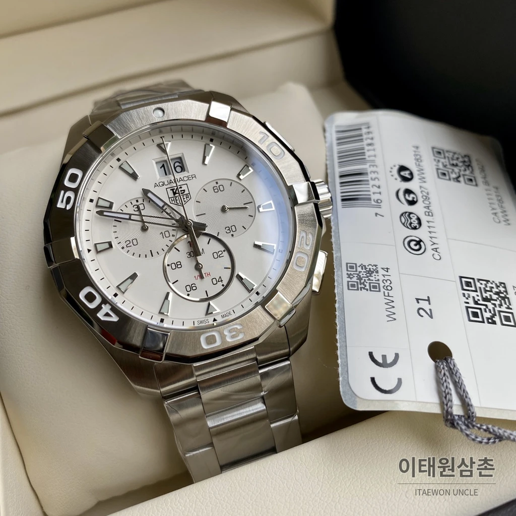 태그호이어 아쿠아레이서 스틸 화이트다이얼 쿼츠 크로노그래프 43mm