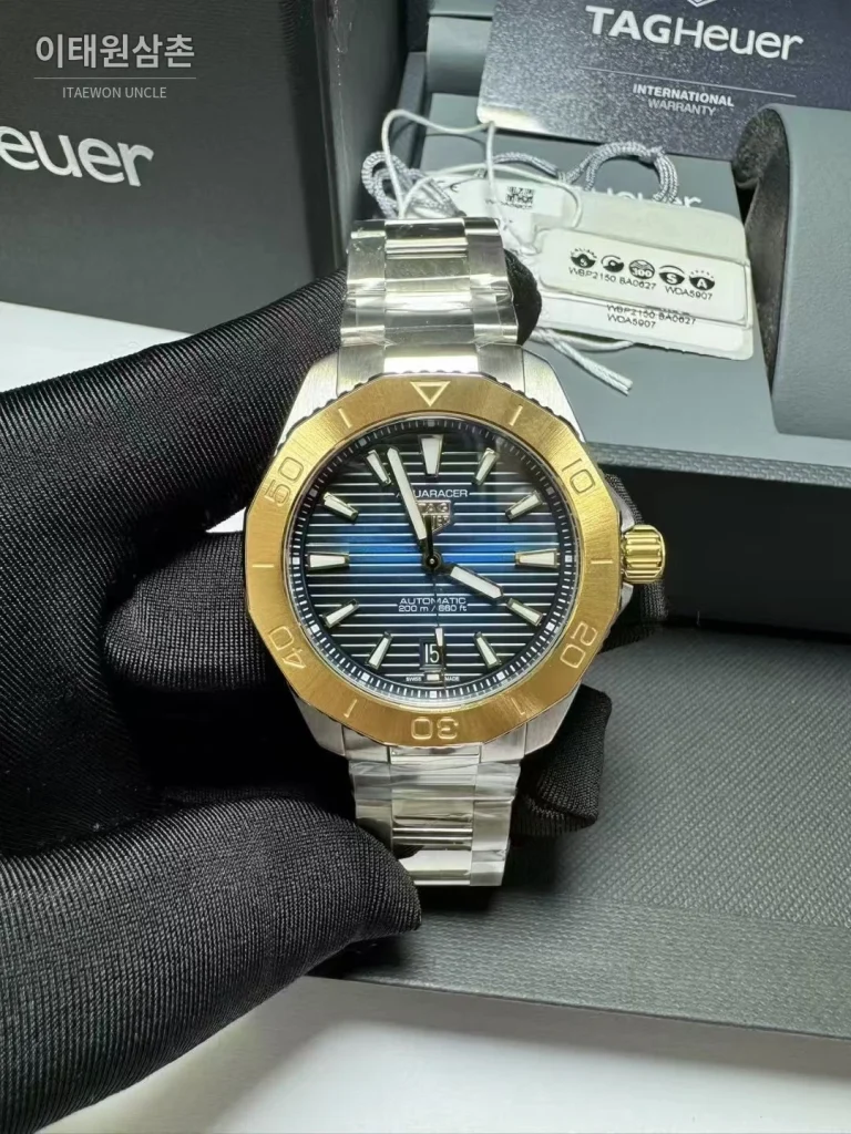 태그호이어 아쿠아레이서 선레이 다이얼 스틸 오토매틱 시계 40mm 선레이 다이얼 컬러 스틸 브레이슬릿 골드 베젤