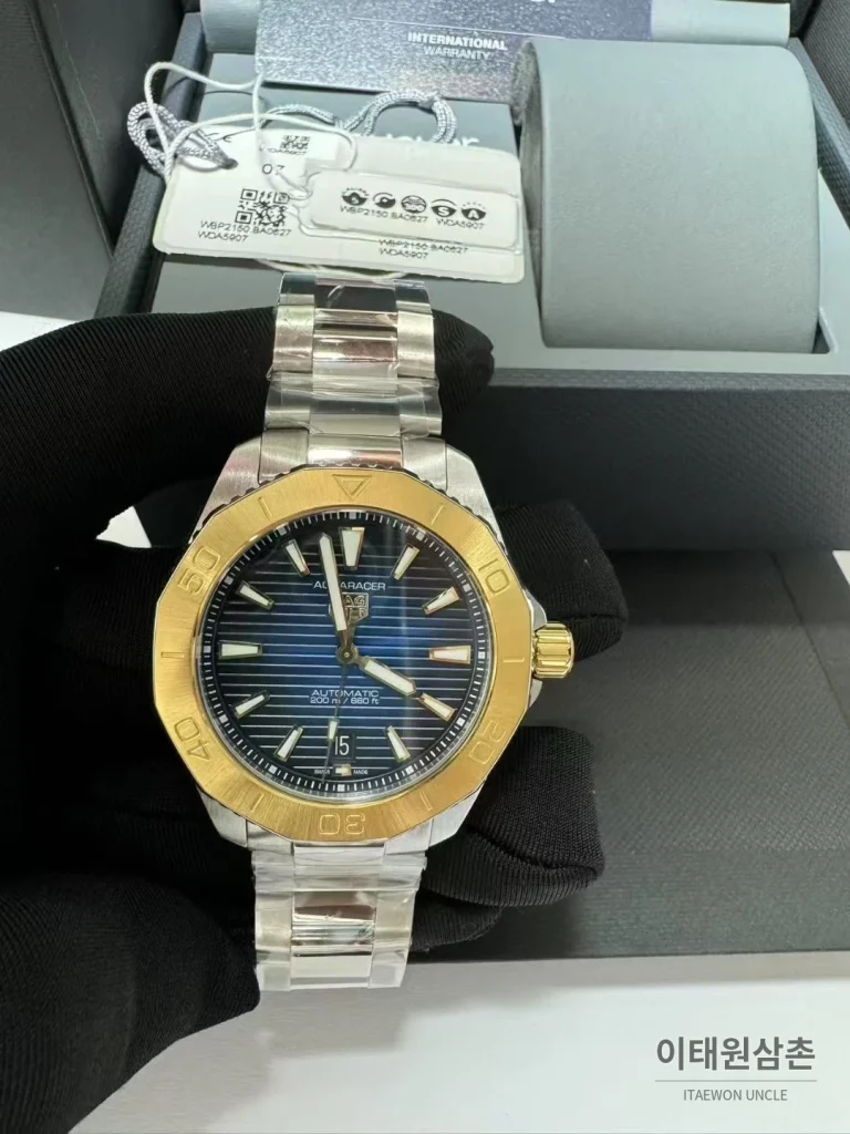 태그호이어 아쿠아레이서 선레이 다이얼 스틸 오토매틱 시계 40mm 선레이 다이얼 컬러 스틸 브레이슬릿 골드 베젤
