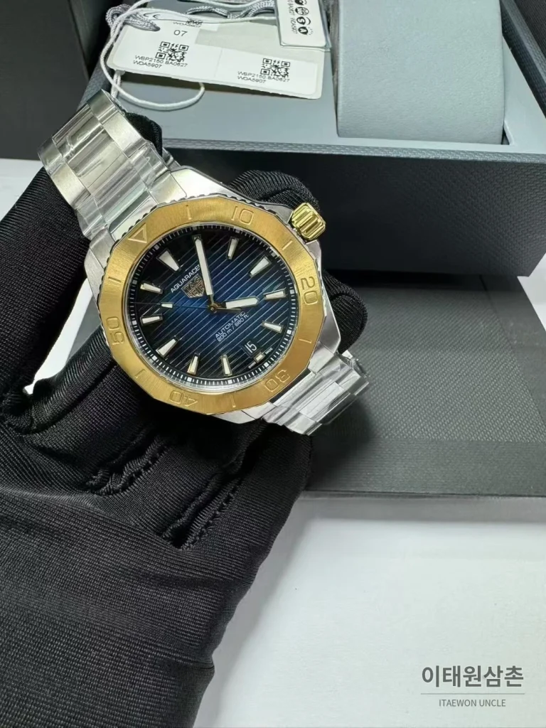 태그호이어 아쿠아레이서 선레이 다이얼 스틸 오토매틱 시계 40mm 선레이 다이얼 컬러 스틸 브레이슬릿 골드 베젤