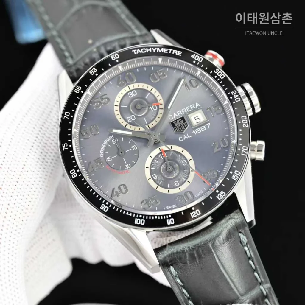 태그호이어 카레라 스틸 브라운다이얼 크로노그래프 오토매틱 43mm 블랙 가죽 스트랩