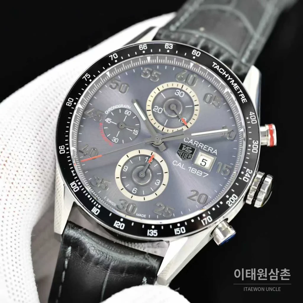 태그호이어 카레라 스틸 브라운다이얼 크로노그래프 오토매틱 43mm 블랙 가죽 스트랩
