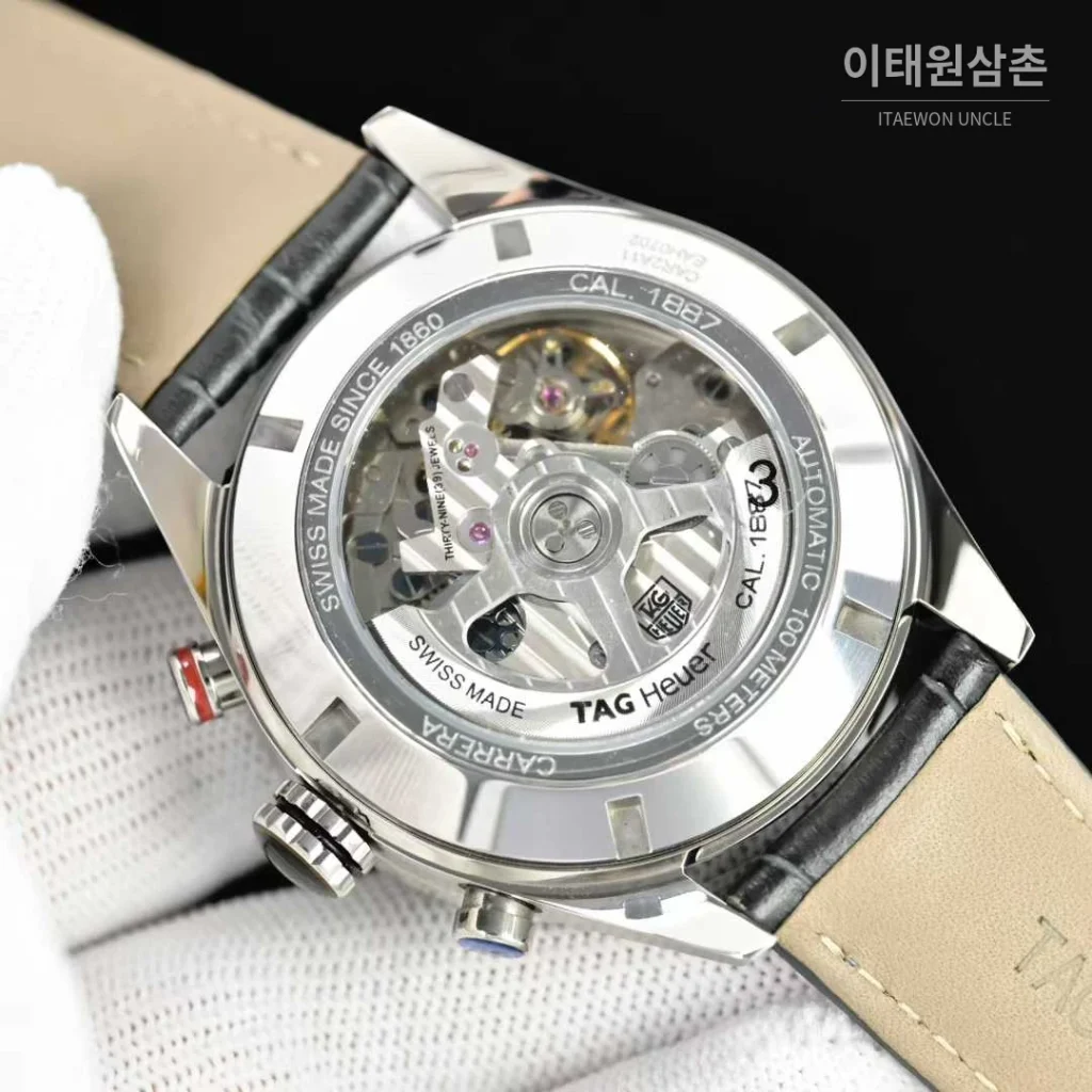 태그호이어 카레라 스틸 브라운다이얼 크로노그래프 오토매틱 43mm 블랙 가죽 스트랩