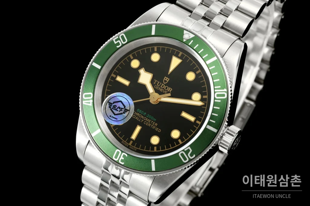 튜더 블랙베이 41 모노크롬 블랙다이얼 스틸 오토매틱 41mm M7941A1A0NU 스틸 브레이슬릿 그린 베젤