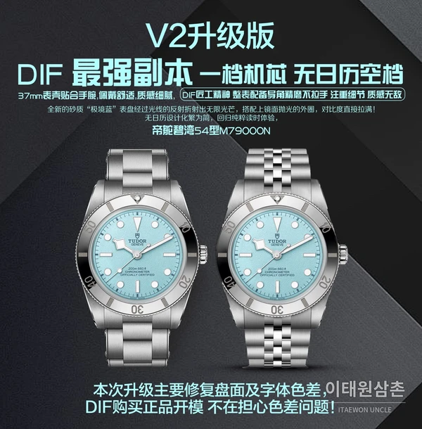 튜더 블랙베이 54 극경 블루 샌드 다이얼 오토매틱 37mm M79000N 스틸 브레이슬릿 실버 베젤
