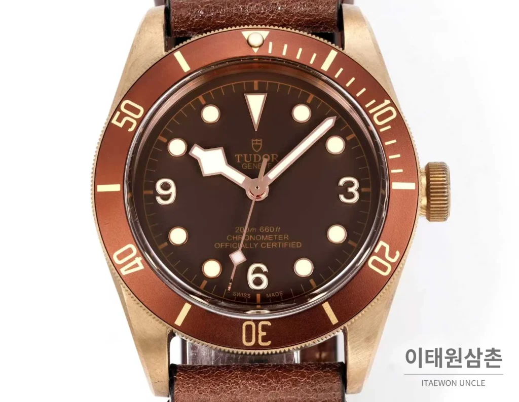 튜더 블랙베이 브론즈 알루미늄브론즈 브라운다이얼 빈티지 다이버 오토매틱 43mm 브라운 가죽 스트랩 브라운 베젤
