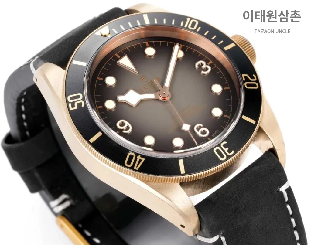 튜더 블랙베이 브론즈 알루미늄브론즈 브라운다이얼 빈티지 다이버 오토매틱 43mm 블랙 가죽 스트랩 블랙 베젤