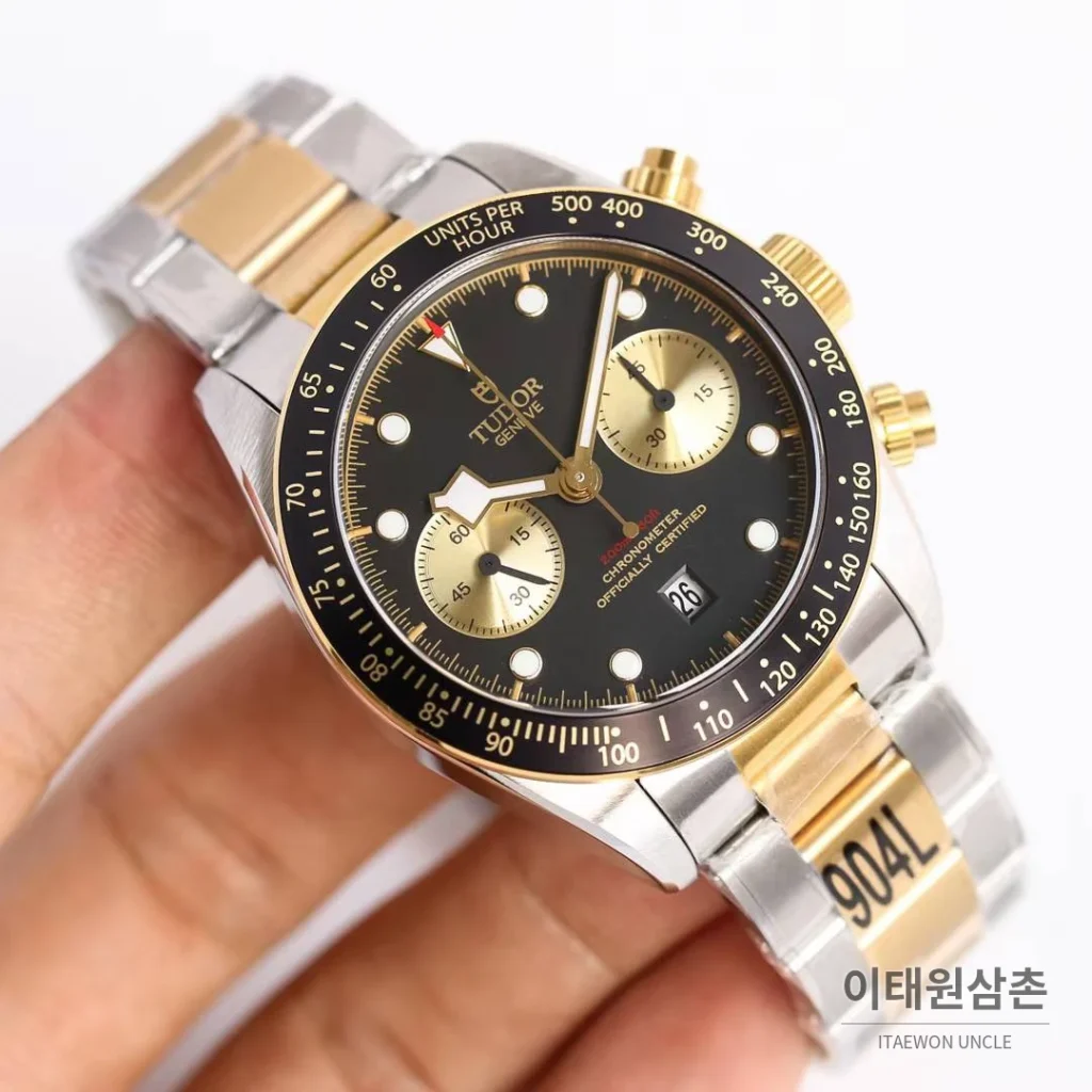 튜더 블랙베이 크로노 스틸 골드 블랙다이얼 크로노그래프 오토매틱 41mm M79363N 투톤 브레이슬릿 블랙 베젤