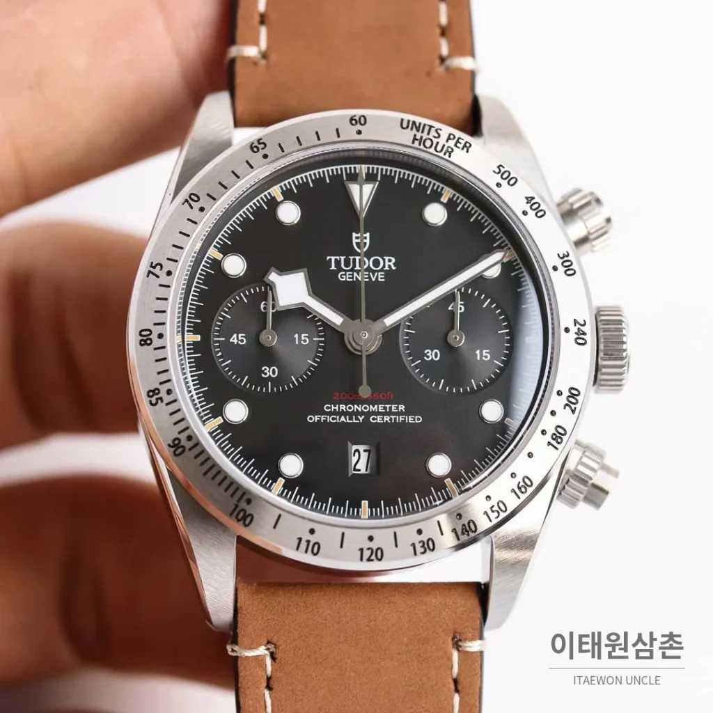 튜더 블랙베이 크로노 스틸 골드 블랙다이얼 크로노그래프 오토매틱 41mm M79363N 브라운 가죽 스트랩 실버 베젤