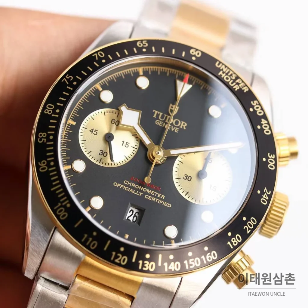 튜더 블랙베이 크로노 스틸 골드 블랙다이얼 크로노그래프 오토매틱 41mm M79363N 투톤 브레이슬릿 블랙 베젤